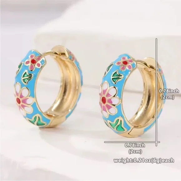 Colorful Festival Floral Blue and Gold Hoop Earrings - Picture 5 of 12